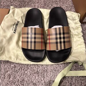 Burberry Black and Beige Check Slides